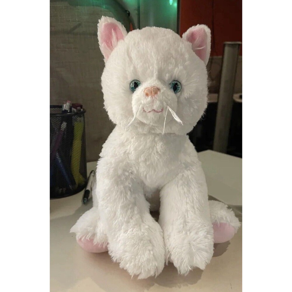 Build A Bear Cat White Fluffy Cream Puff Kitty 14" Blue Flower Eyes